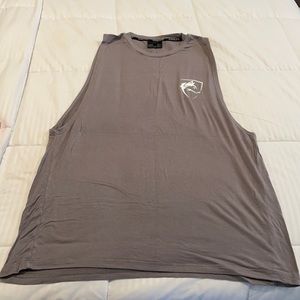 Gray cutoff Alphalete shirt with white logo
